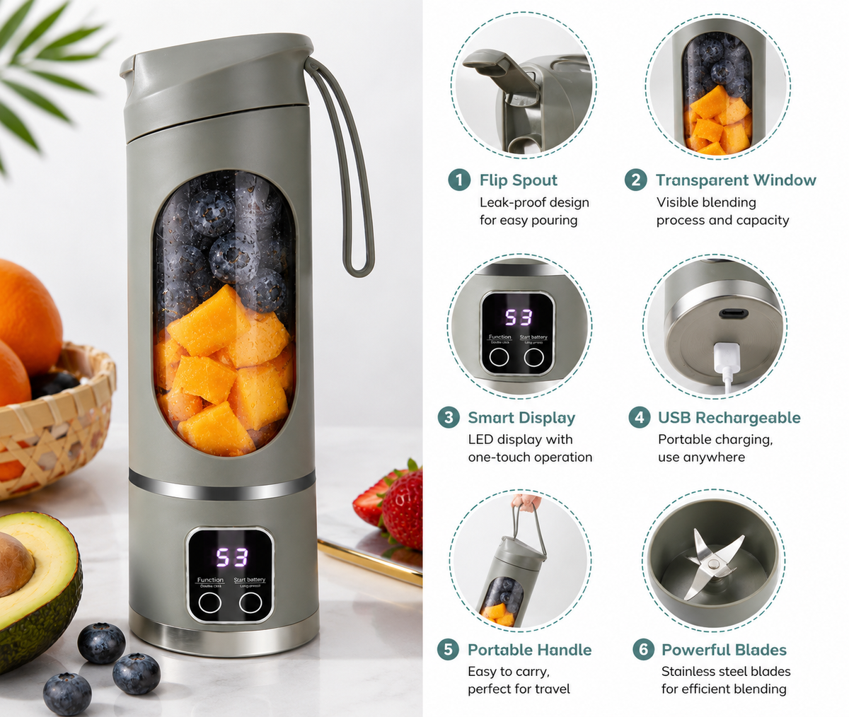 Portable USB Rechargeable Juicer Blender – 6-Blade Mini Smoothie Maker for Fresh