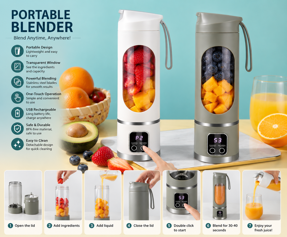 Portable USB Rechargeable Juicer Blender – 6-Blade Mini Smoothie Maker for Fresh